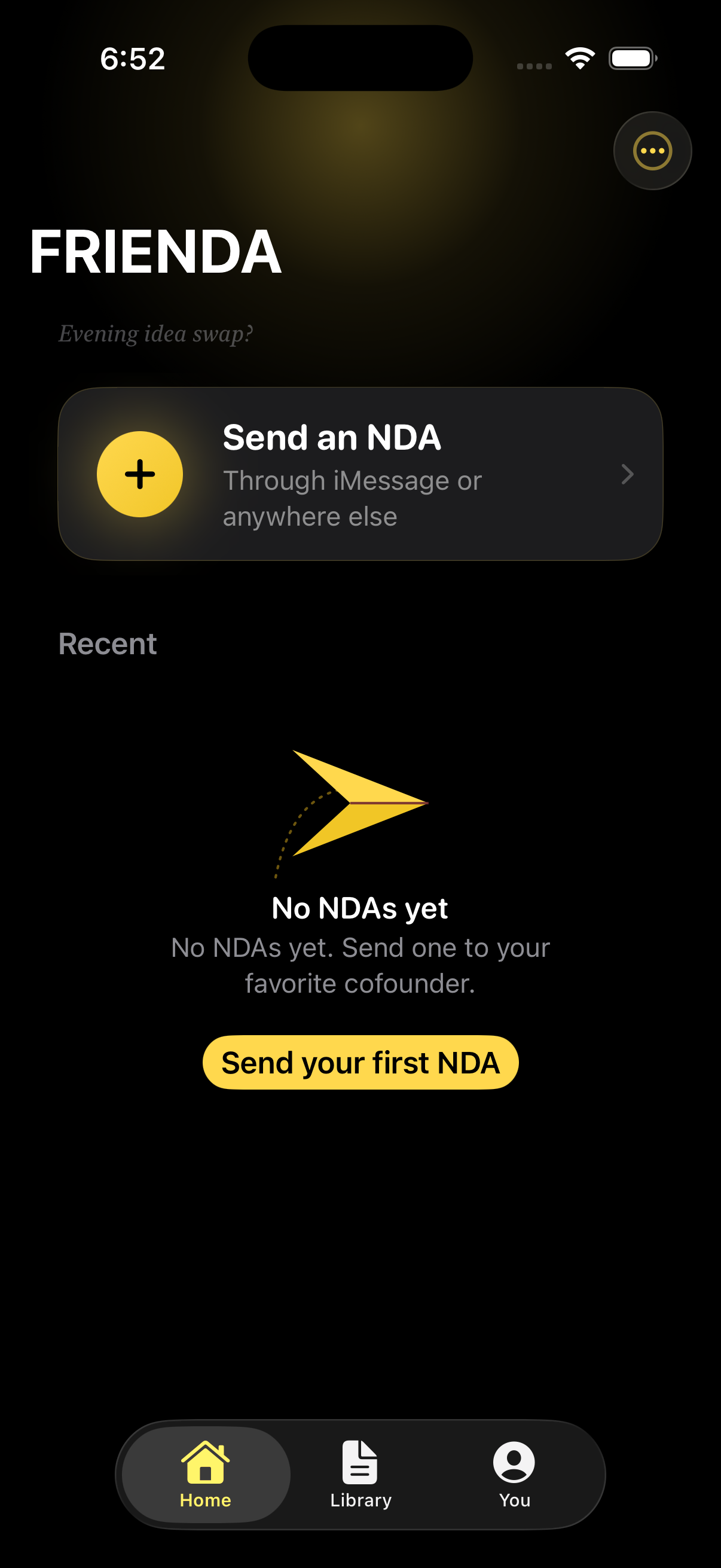 FRIENDA iOS app — Home tab with the 'Send an NDA' hero and an empty Recent state.