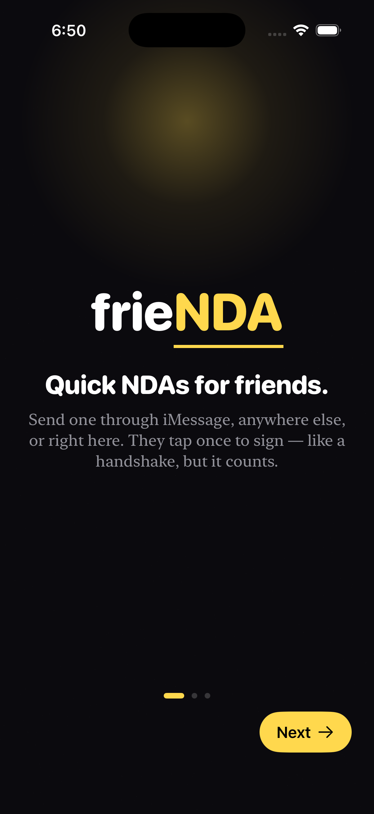 FRIENDA iOS app — welcome screen with the wordmark and tagline.